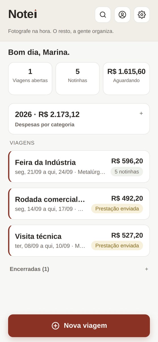 Tela inicial do Notei: saudação, viagens abertas, notinhas, valor aguardando reembolso, gráfico do ano e a lista de viagens.